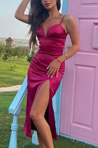 Sexy Ladies Cami Dress Solid Color Spaghetti Straps Deep V Neck Split Side Midi Dress