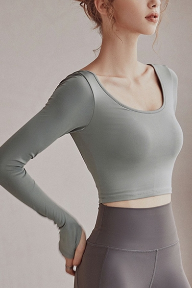 Simple Womens T-Shirt Plain Hollow Scoop Neck Long Sleeve Cropped Workout T-Shirt
