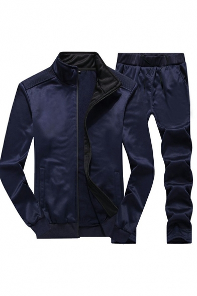 Sporty Mens Co-ords Plain Stand Collar Zip Fly Long Sleeve Jacket Elastic Waist Pants Active Set