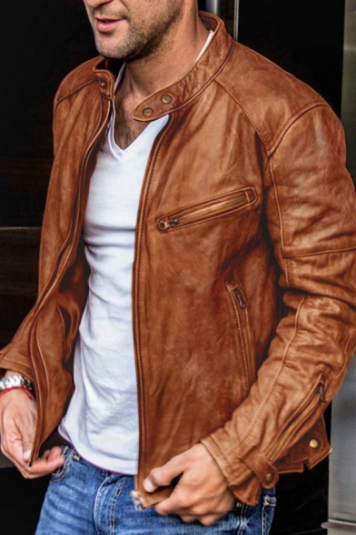 Stylish Men's Leather Jacket Plain Side Pocket Zip Front Stand Collar Leather Jacket