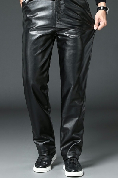 Stylish Men's Pants Whole Colored Fitted Zip-up Front Pocket Fleece Inner Leather Pants