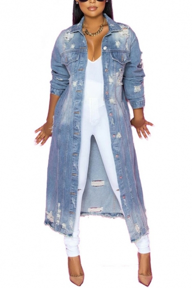 Unique Womens Jacket Plain Ripped Spread Collar Single Breasted Long Sleeve Long Denim Jacket