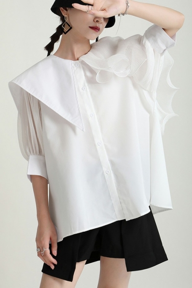Unique Womens Shirt Plain Sailor Collar Half Sleeve Ruffle Single Breasted Shirt