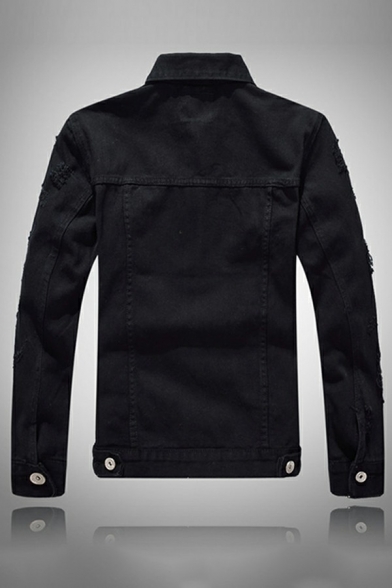 Urban Men's Jacket Plain Button Closure Distressed Design Turn-down Collar Regular Fit Denim Jacket