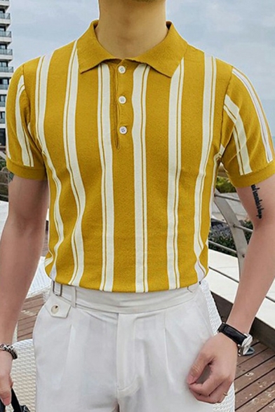 Urban Mens Polo Shirt Stripe Print Button Detail Spread Collar Regular Fit Polo Shirt in Yellow