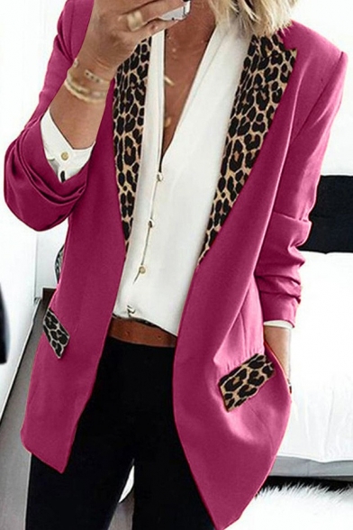 Vintage Ladies Blazer Lapel Collar Open-Front Leopard Print Patchwork Slim Fit Blazer