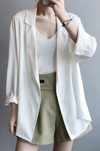 Basic Womens Thin Blazer Solid Color Notched Lapel Collar Double-Breasted Loose Fit Blazer