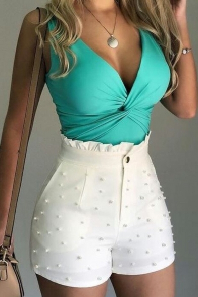 Casual Womens Shorts Solid Color Beading High Waist Zip Fly Slim Fitted Shorts with Ruffles