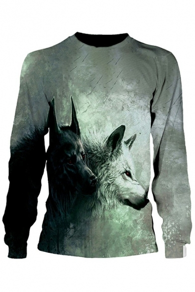 Cozy Mens Sweatshirt 3D Wolf Pattern Long Sleeve Regular Round Collar Pullover Sweatshirt