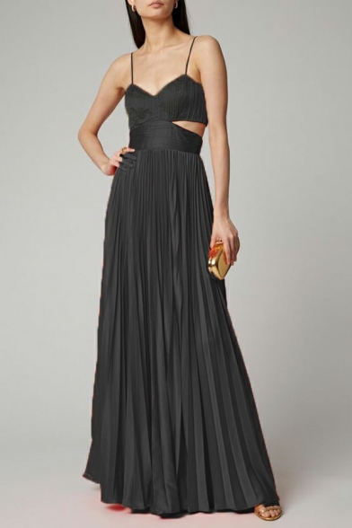Designer Womens Dress Plain Spaghetti Straps Hollow Maxi Pleated Dress