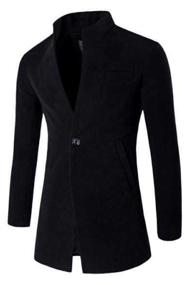 Elegant Guy's Coat Solid Color Long Sleeve Stand Collar Skinny Single Button Pea Coat