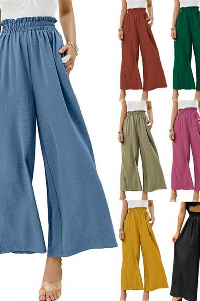 Elegant Ladies Pants Solid Ruffle Elastic Waist High Rise Flared Crop Pants