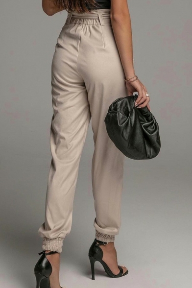 Fashionable Ladies Plain Pants High Rise Elastic Cuff Ankle Length Slim Fit Belted Pants