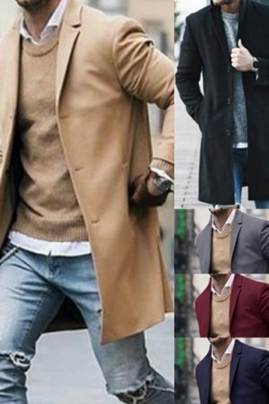 Guys Chic Pea Coat Solid Color Long Sleeve Lapel Collar Regular Fitted Button Fly Pea Coat