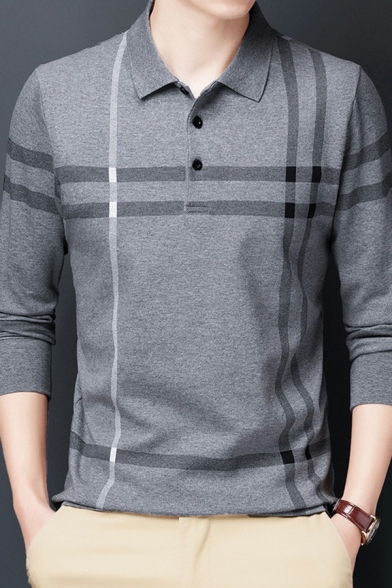 Hip-hop Polo Shirt Stripe Printed Long Sleeve Button Regular Fit Polo Shirt for Guys