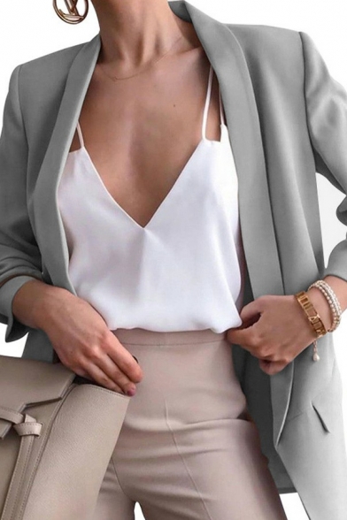 Leisure Ladies Blazer Solid Color Lapel Collar Open Front Long Sleeve Slim Fit Suit Jacket