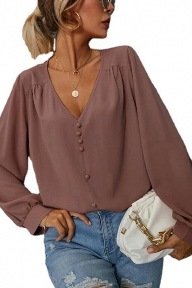 Leisure Plain Shirt Deep V Neck Button Up Puff Sleeve Loose Fit Shirt for Women