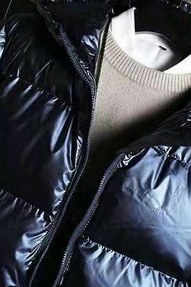 Mens Popular Padded Coat Pure Color Pocket Detail Zip Closure Loose Fit Padded Coat with Hood