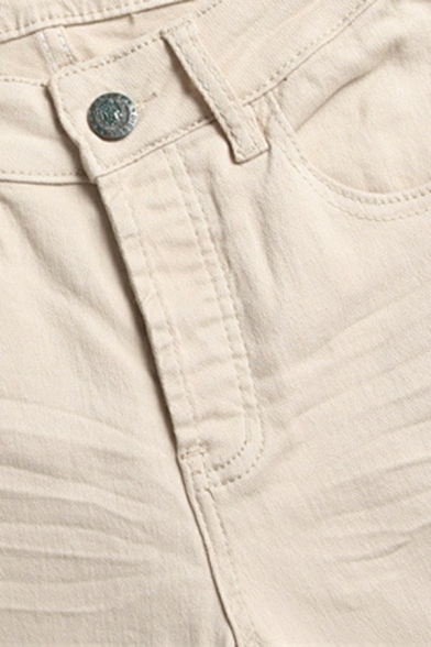 Modern Mens Jeans Solid Color Medium Wash Zipper Placket Full Length Slim Fit Jeans in Khaki