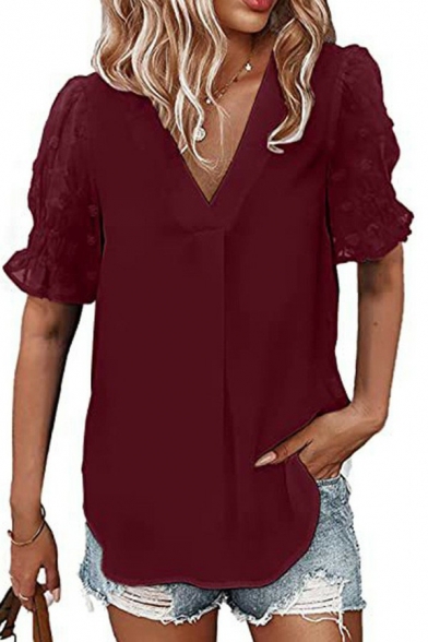 Modern Womens Chiffon Blouses Solid Color V Neck Short Sleeve Knit Dot Detail Regular Fit Shirt