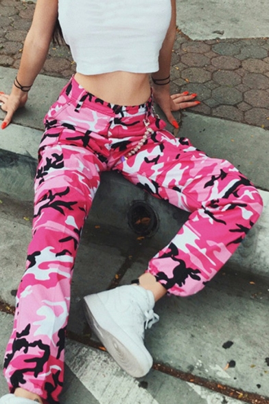 Retro Tapered Pants Zipper Up Camouflage Print High Waist Regular Fit Cargo Pants for Women