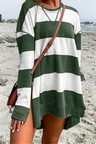 Simple Womens Sweatshirt Striped Pattern Round Neck Long Sleeve Side Split Sweatshirt