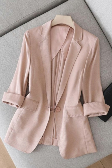 Stylish Ladies Blazer Plain Notched Lapel Collar Single Button Slim Fitted Suit Jacket