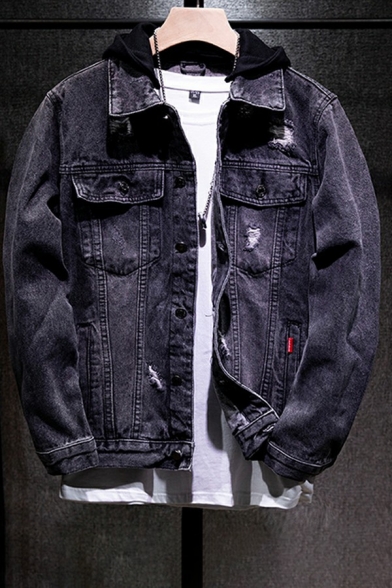 Stylish Men Jacket Plain Button Closure Pocket Detail Distressed Design Turn-down Collar Denim Jacket