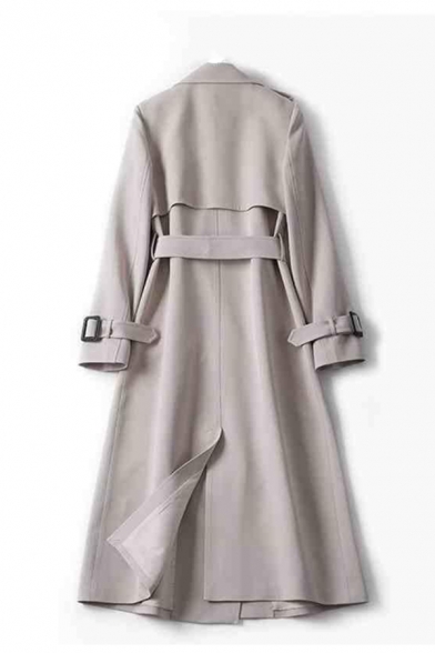 Stylish Womens Plain Trench Coat Notched Lapel Collar Double Breasted Regular Fit Longline Trench Coat