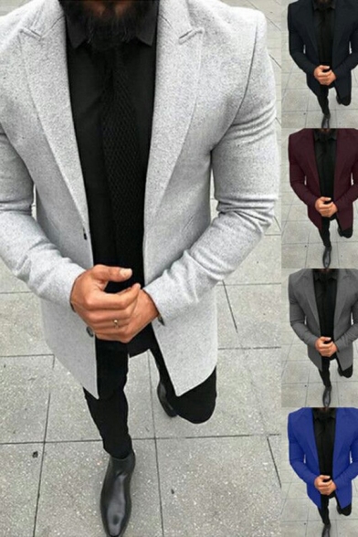 Unique Guy's Pea Coat Pure Color Pocket Skinny Lapel Collar Button Placket Pea Coat