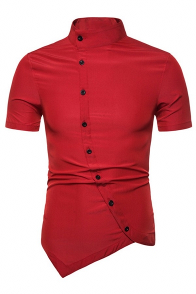 Unique Men Shirt Whole Colored Short Sleeve Stand Collar Skinny Irregular Button Fly Shirt