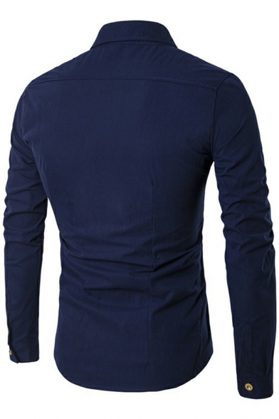 Unique Mens Shirt Plain Applique Button Design Turn-Down Collar Long Sleeve Slim Shirt