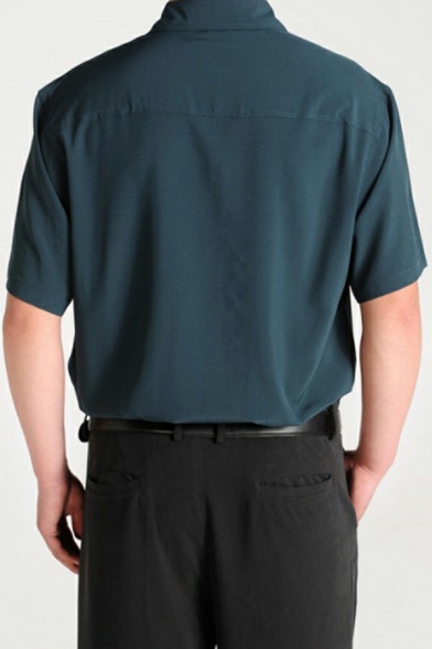 Urban Men Shirt Pure Color Turn-down Collar Short Sleeves Regular Fit Button down Shirt