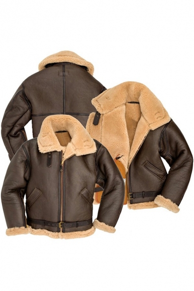 Warm Jacket Plain Belt Zip Closure Front Pocket Spread Collar Leather Fur Jacket for Guys