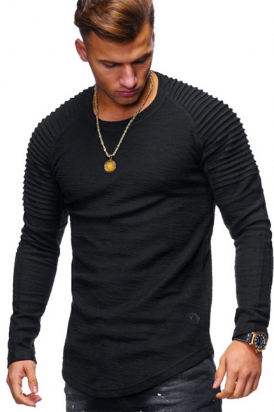 Basic Mens Sweatshirt Solid Color Pleated Long Sleeve Crew Neck Skinny Pullover Sweatshirt