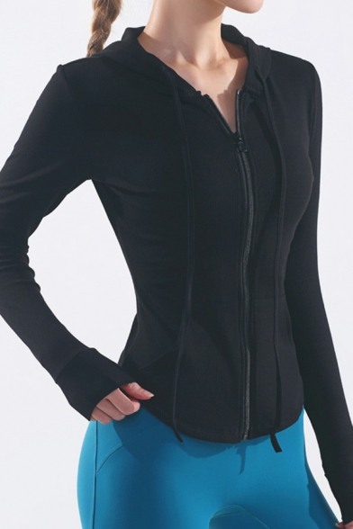 Basic Womens Fitness Jacket Plain Zipper Closure Drawstring Curved Hem Slim Fit Hooded Jacket