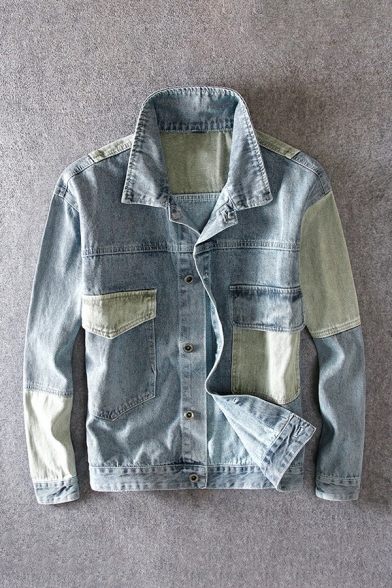 Boy's Street Look Jacket Contrast Sitching Patched Stand Collar Fitted Button Denim Jacket