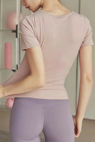 Casual Ladies T-Shirt Plain Split Neck Short Sleeve Curve Hem Fitness T-Shirt