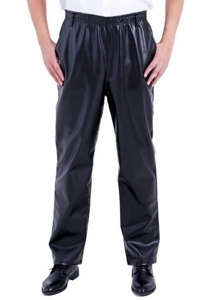 Casual Mens Pants PU Leather Pocket Detail Elastic Waist Mid Rise Full Length Straight Fit Pants in Black