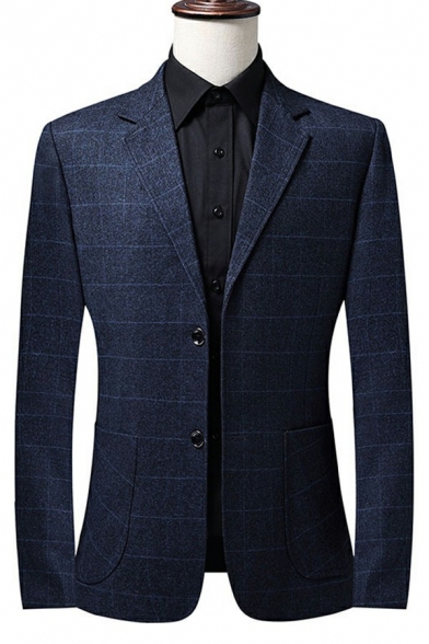Chic Blazer Plaid Pattern Lapel Collar Long Sleeve Button down Slim Suit Blazer for Men