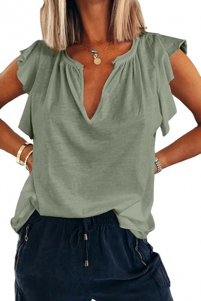 Chic Ladies T-Shirt Plain V-Neck Cap Sleeve Ruffle Pleated T-Shirt