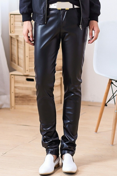 Cool Leather Pants Plain Side Pocket Slimming Zip Front Long Length Leather Pants for Guys