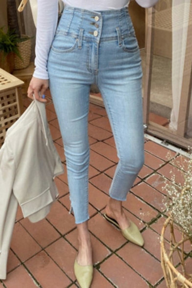 Elegant Ladies Jeans Lightwash Blue Zip Closure High Waist Split Hem Skinny Ankle Grazers