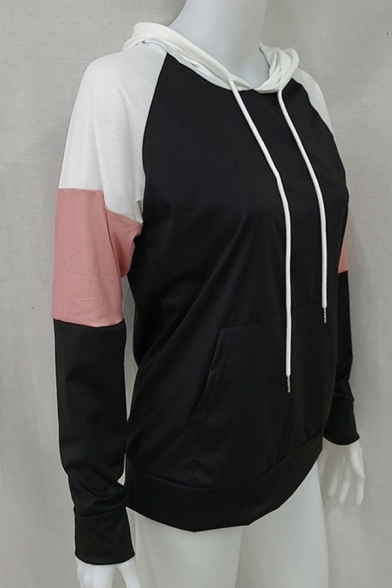 Girls Urban Hoodie Color Block Pocket Regular Fitted Long-Sleeved Hooded Drawstring Hoodie