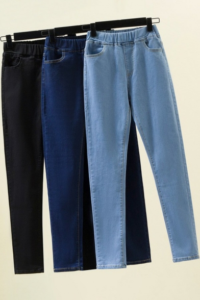 Leisure Womens Jeans Indigo Elastic Waist High Rise Skinny Denim Pants