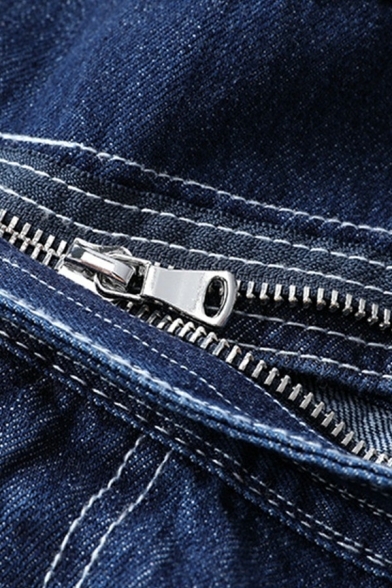 Men's Modern Denim Overalls Stripe Print Kangaroo Pocket Regular Fit Denim Bib Overalls in Dark Blue