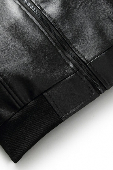 Men's Vintage Leather Jacket Stand Collar Zip Closure Pocket Detail Leather Jacket in Black