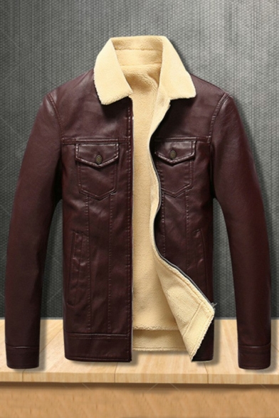 Men Stylish Jacket Plain Chest Pocket Spread Collar Long-sleeved Zip-up Leather Fur Jacket
