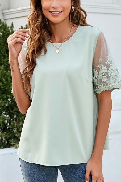 Modern Ladies Chiffon Shirt Round Collar Plain Lace Short Sleeve Loose Fit Blouses Shirt