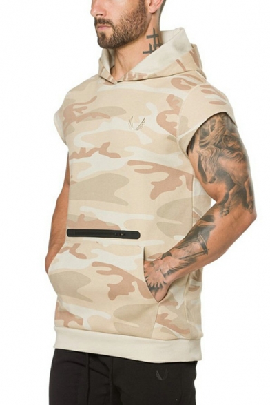 Modern Mens Camouflage Hoodie Kangaroo Pocket Sleeveless Regular Fit Hoodie